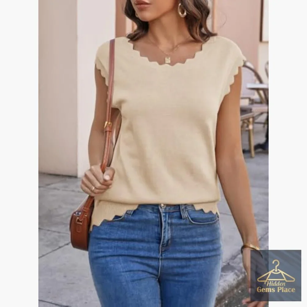 Soft Knit Sweater Vest Tank Top with Scallop Trim Loose Fit